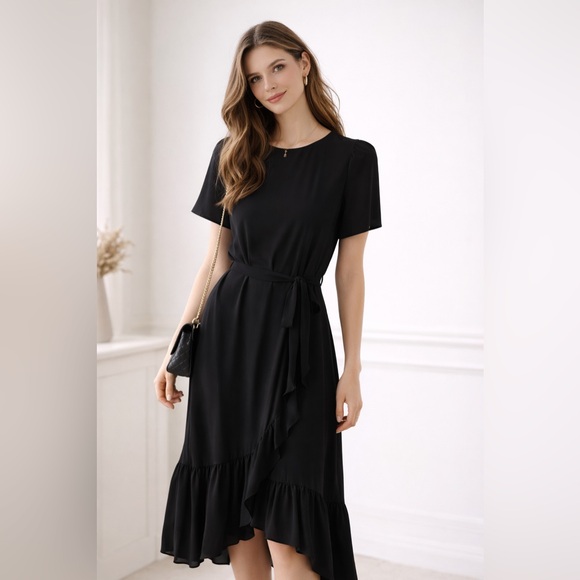 Talbots Dresses & Skirts - Talbots Petite Black Wrap Dress 8P | Ruffle Hem Midi | Classic Elegant